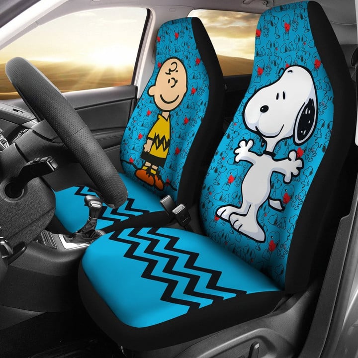 Charlie & Snoopy Aqua Blue Color Cartoon Car Seat Covers 191119 (Set Of 2) / Universal Fit