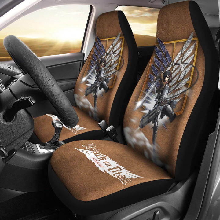 Attack On Titan Anime Car Seat Covers AOT Mikasa Strong Fighting Wings Of Freedom Symbol Brown Seat Covers