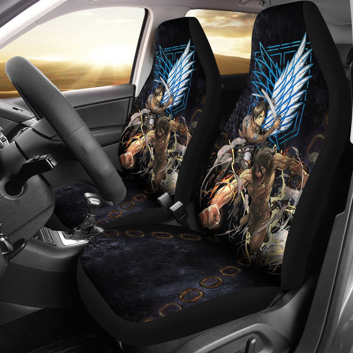 Attack On Titan Anime Car Seat Covers AOT Angry Eren Titan Transforming Blue Wings Of Freedom Symbol Seat Covers