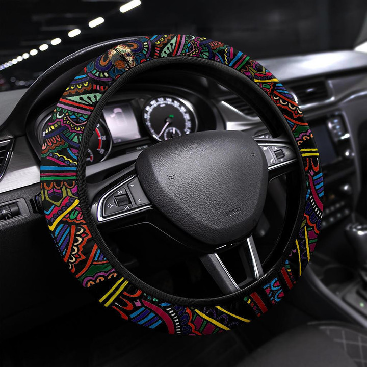 Valentine Steering Wheel Cover - Colored Mandala Skull Background Roses From Eye Steering Wheel Cover