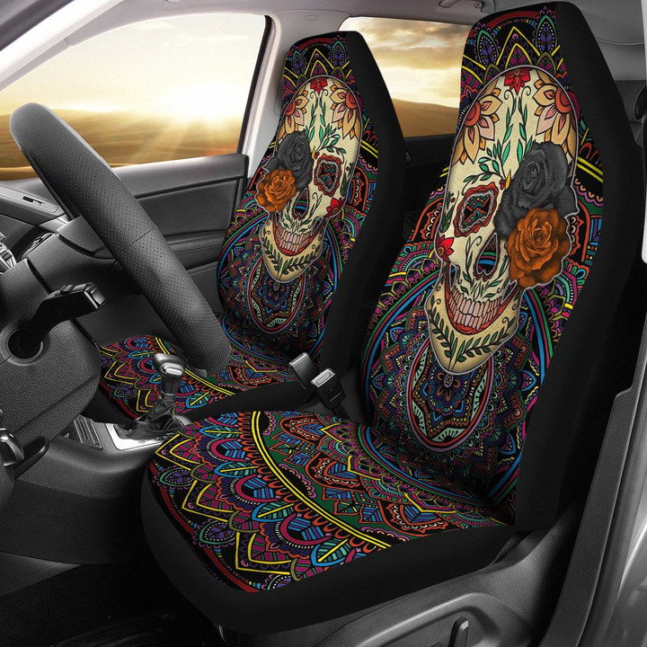 Valentine Car Seat Covers - Colored Mandala Skull Background Roses From Eye Seat Covers
