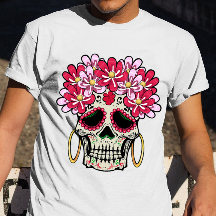 Flower Sugar Skull T-Shirt Womens Skull Graphic Tee Shirt Female Clothing