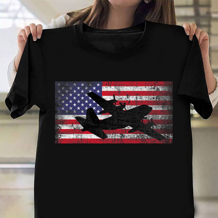 Lockheed C-130 Hercules Shirt Military Plane Vintage USA Flag T-Shirt Gift Ideas For Pilots