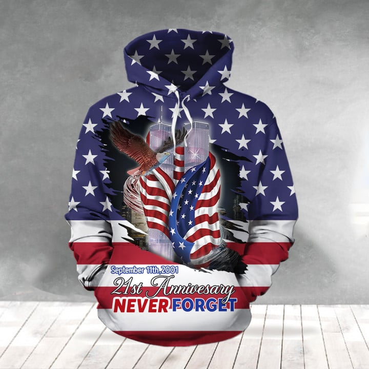 September 11th 2001 21st Anniversary Never Forget Hoodie Eagle USA Flag Patriot Day Clothing