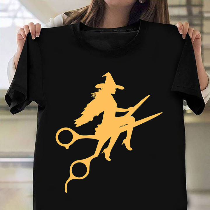 Witch Riding On Scissors T-Shirt Womens Hairdresser Shirt Halloween Gift Ideas