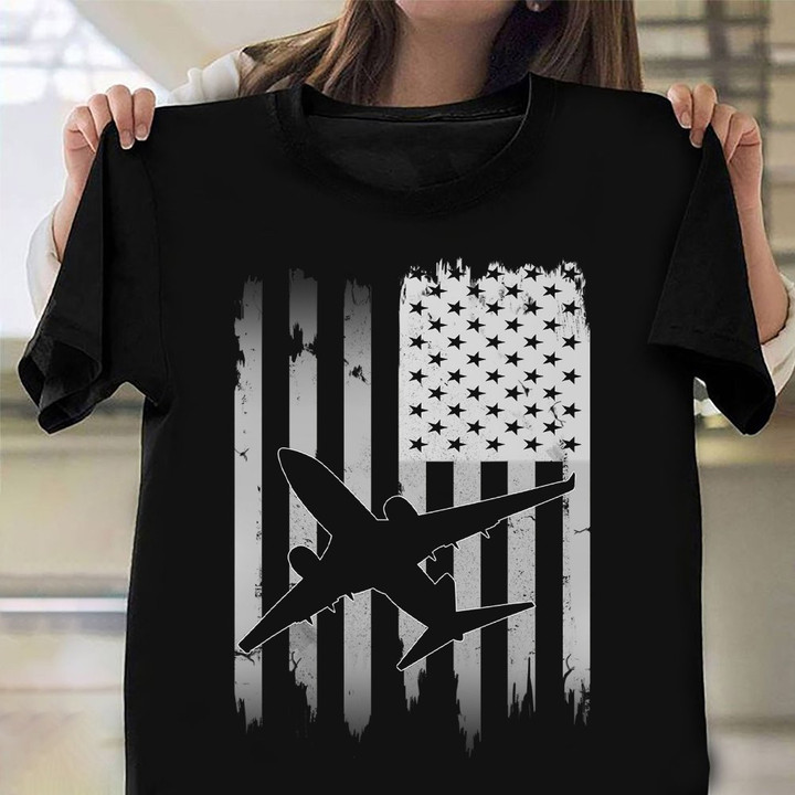 Airplane American Flag Shirt 4th Of July Patriotic T-Shirt Gifts For Female Pilots