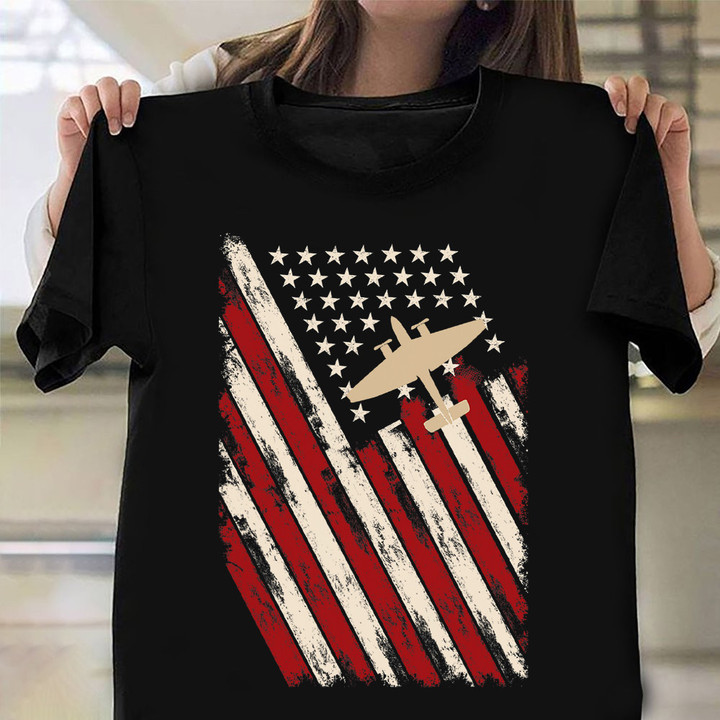 Airplane American Flag Shirt 4th Of July T-Shirt Gift For Pilot Husband