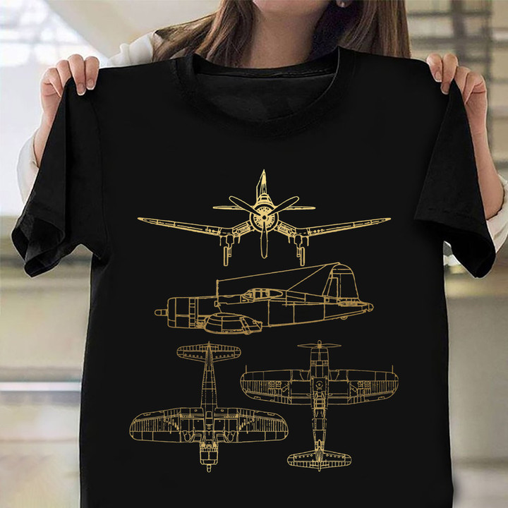 Vought F4U Corsair Fighter Aircraft Shirt Blueprint Schematics Retro T-Shirt Pilots Gift