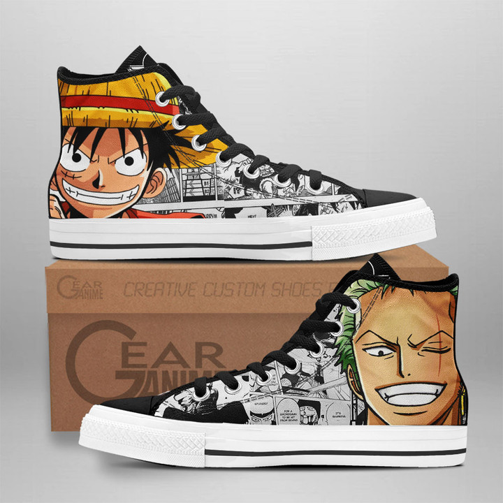Luffy and Roronoa Zoro High Top Shoes One Piece Custom Anime Sneakers Mix Manga