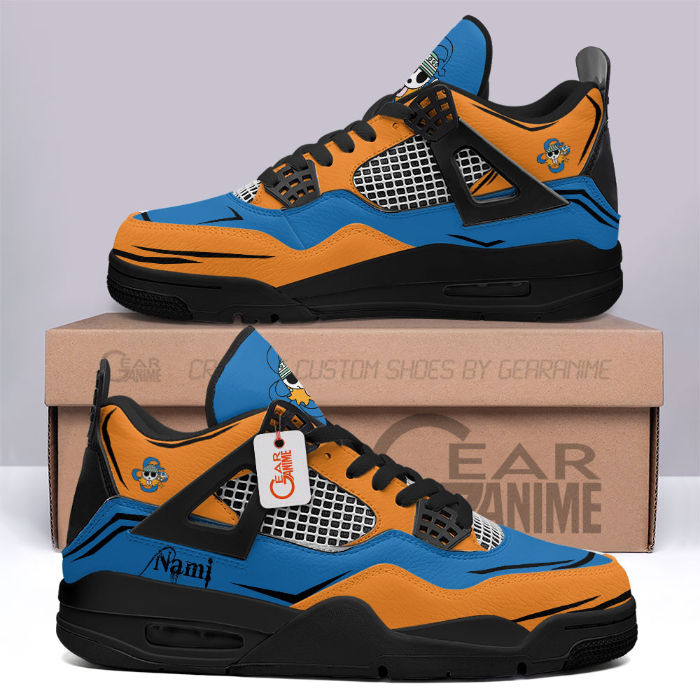Straw Hat Nami Retro 4 Leather Sneakers Cat Burglar Custom Name -  One Piece - Angle 1