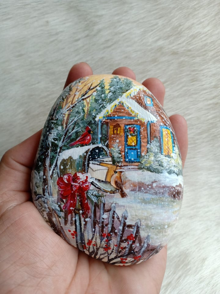 Painted Rock, Hand Painted Winter Landscape, Painted Cardinal On Natural Rock, Art Deco, Xmas Gift, Paperweight