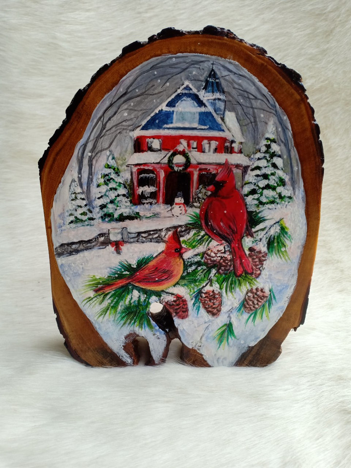 Painted Rock, Painted Xmas, Winter landscape On Natural Wooden, Xmas Art Deco