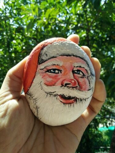 Santa Claus Face, Painted Rock, Hand Painted Santa Claus On Natural Rock, Xmas Art Deco