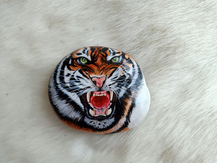 Painted Rock, Hand Painted Angry Tiger Face, Painted Tiger On Natural Rock, Art Deco, Xmas Gift, Paperweight