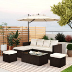 5-Piece Patio Furniture PE Rattan Wicker Sectional Lounger Sofa Set with Glass Table and Adjustable Chair