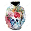 Happy Halloween 3d Hoodie, Zip Hoodie, Hoodie Dress, Sweatshirt Flowered Skull All Over Print