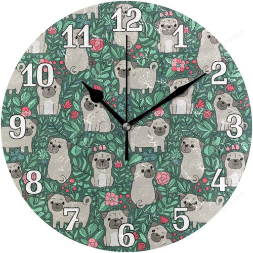 Lovely Animal Flower Pug Dog Pattern Decorative Wall Clock Home Decor