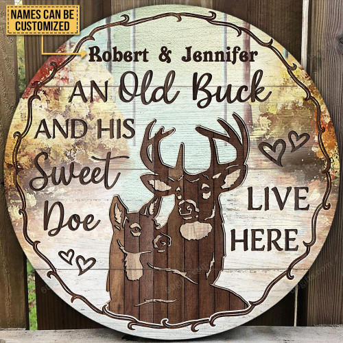Deer Couple Brown Personalized Wood Circle Sign Customized Home Decor