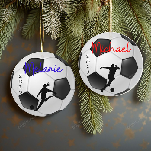 Personalized Soccer Lovers Ornament Christmas Circle Ceramic Ornament - Customized Christmas Gift For Kids