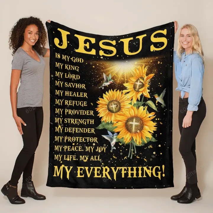 Blanket Gift For Family, Birthday Gift Beautiful Sunflower & Hummingbird Jesus Is My Everything - Jesus Fleece Blanket