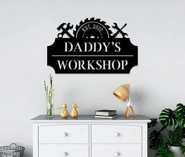 Best Customized Name Housewarming Gifts Daddy's Workshop Cut Metal Sign - Personalized Wall Metal Art Home Decor