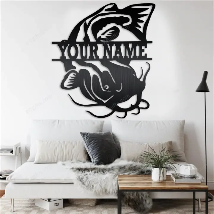 Best Customized Name Housewarming, Birthday Gifts Fishing In The River Catfish Cut Metal Sign - Personalized Wall Metal Art Home Decor