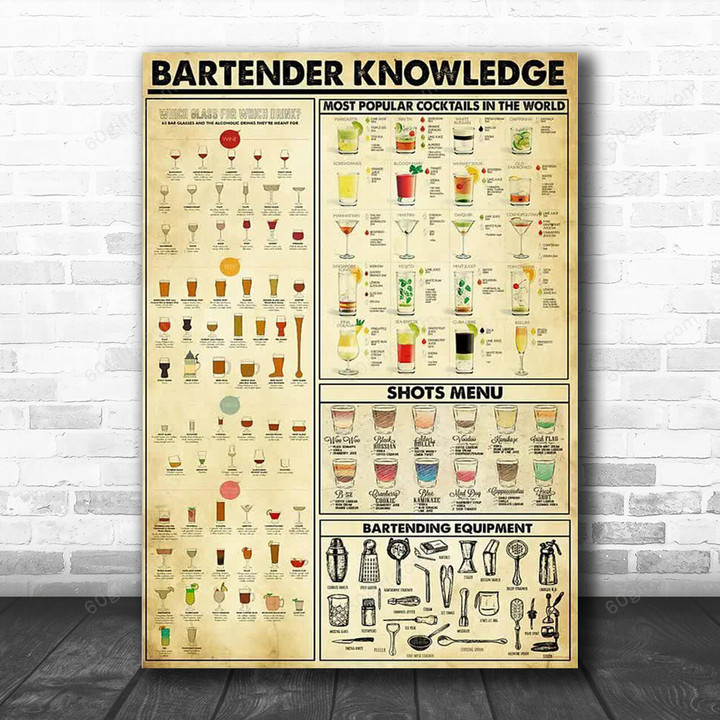 Inspirational & Motivational Wall Art Father's Day, Birthday Gift Bartender Knowledge Vintage - Canvas Print Home Decor