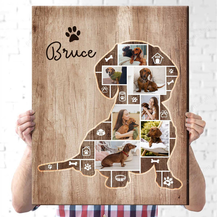 Happy Father's Day Customized Name & Photo Collage Pet Canvas Birthday Gift, Silhouette Dachshund Dog - Personalized Canvas Print Wall Art Home Decor