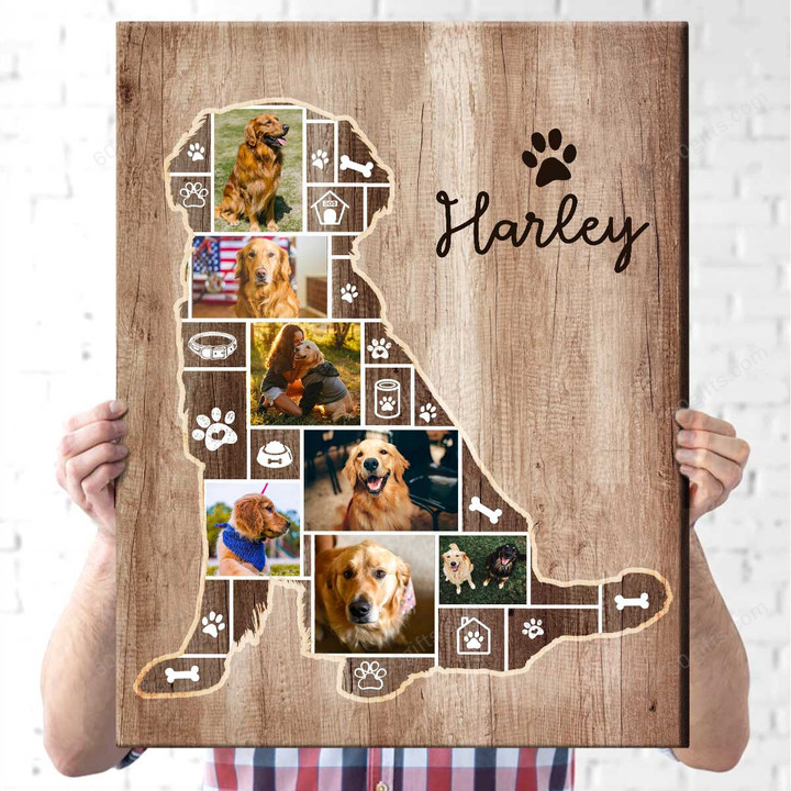 Happy Father's Day Customized Name & Photo Collage Pet Canvas Birthday Gift, Silhouette Golden Retriever Dog - Personalized Canvas Print Wall Art Home Decor