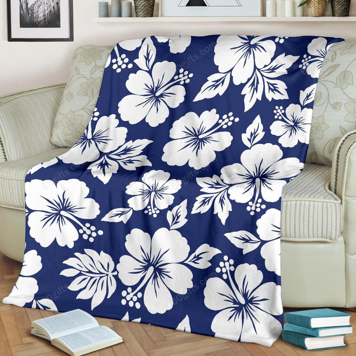 Happy Father's Day, Mother's Day, Birthday Gift 2022, White Blue Hibiscus Floral Pattern Print Fleece Blanket