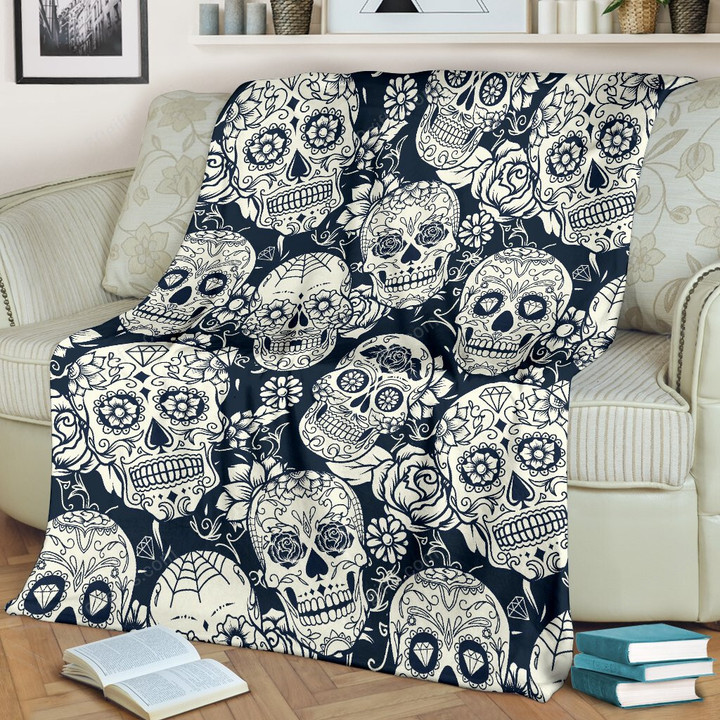 Happy Father's Day, Mother's Day, Birthday Gift 2022, White Floral Sugar Skull Pattern Print Fleece Blanket