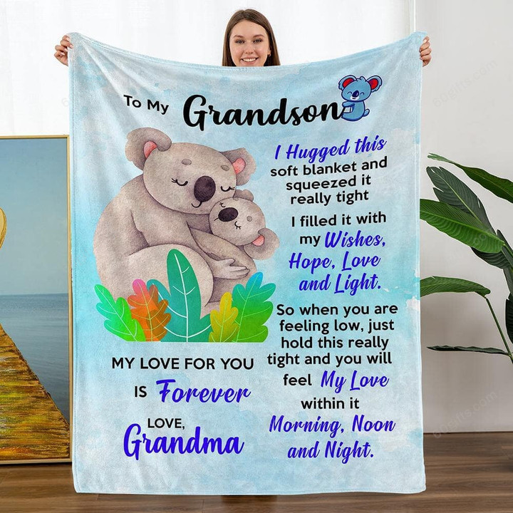 Customized Name Happy Birthday Gift 2022, Blanket From Grandma To Grandson Koala Hug - Personalized Fleece Blanket