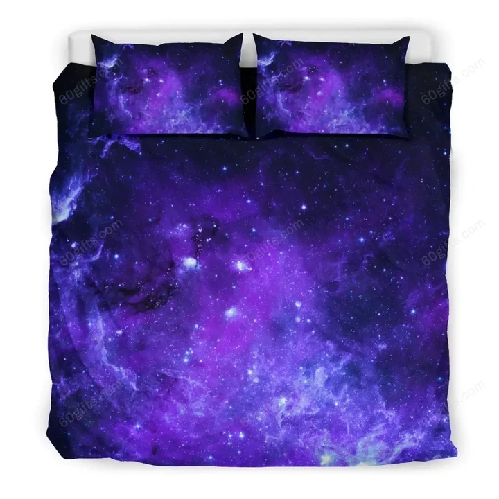 Purple Stars Nebula Galaxy Space Print Bedding Set Best Birthday Gifts - Duvet Cover Bedding Set