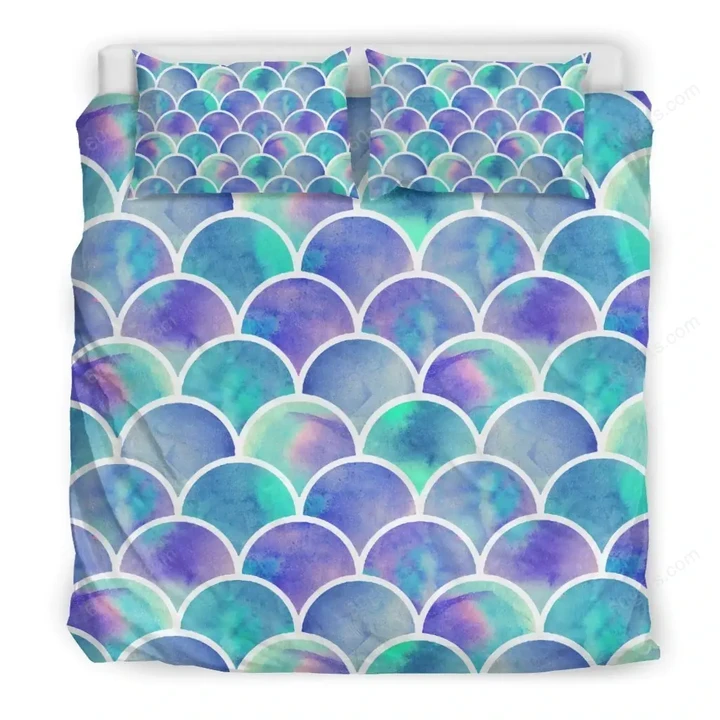 Sea Blue Mermaid Scales Pattern Print Bedding Set Best Birthday Gifts - Duvet Cover Bedding Set