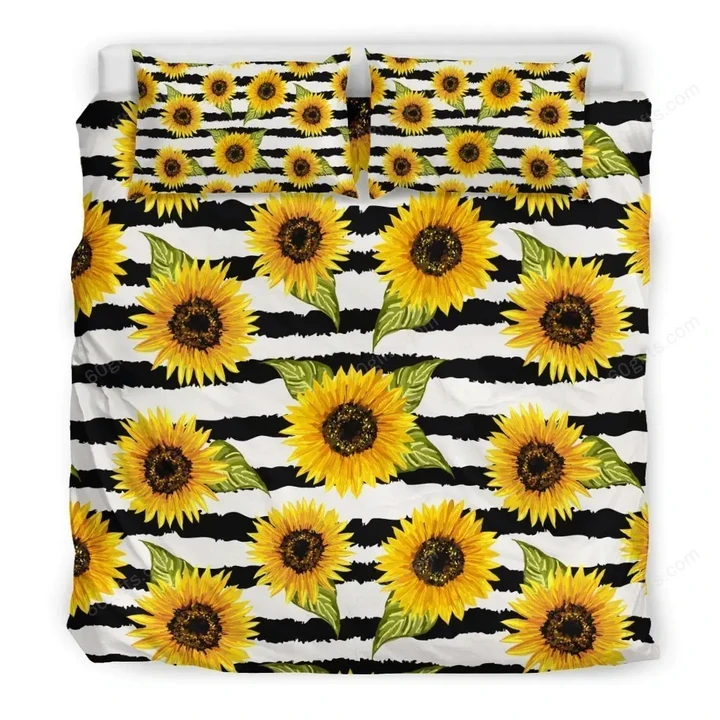 Sunflower Striped Pattern Print Bedding Set Best Birthday Gifts - Duvet Cover Bedding Set