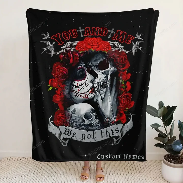 Customized Name Happy Anniversary Wedding, Birthday Gift, Couple Skull Rose Blanket Gifts For Family - Personalized Fleece Blanket