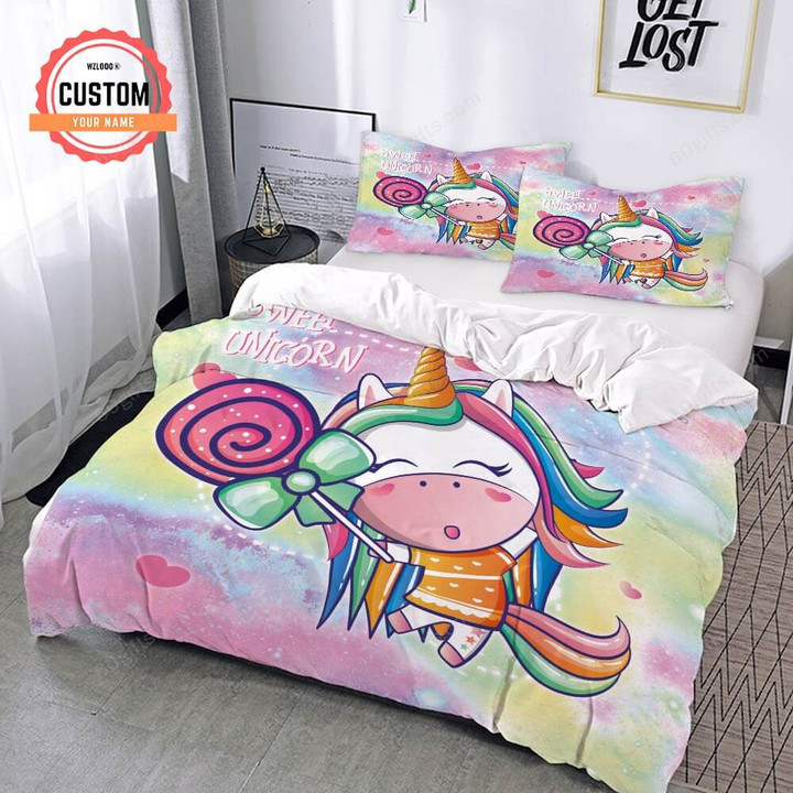 Customized Name Sweet Unicorn Bedding Set Best Birthday Gifts - Duvet Cover Bedding Set