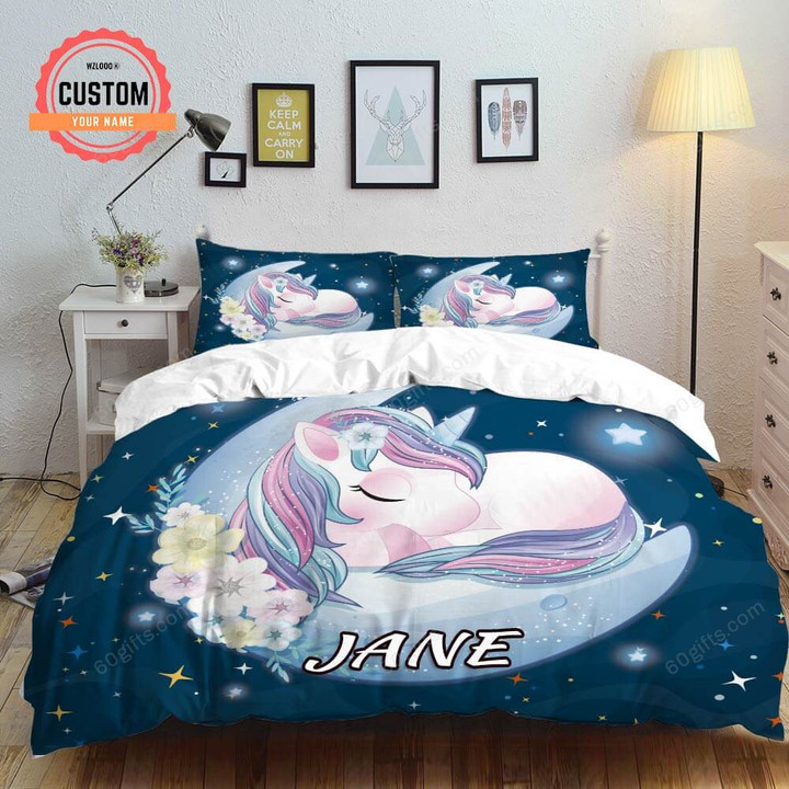 Customized Name Unicorn Blue Bedding Set Best Birthday Gifts - Duvet Cover Bedding Set