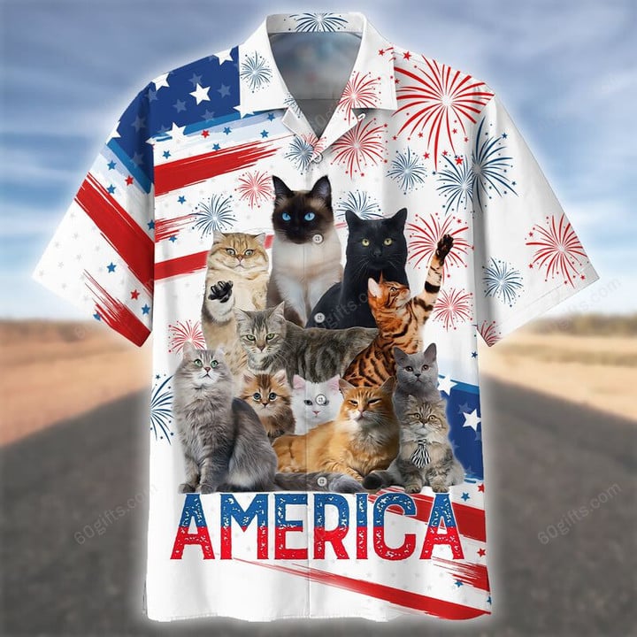 3d Hawaiian Shirt, Hoodie, Zip Hoodie, Hoodie Dress, Sweatshirt Cute Cats Independence Day USA All Over Print