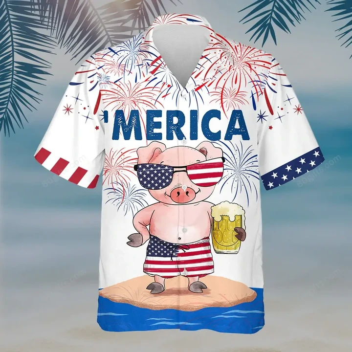Happy Independence Day USA - 3d Pig Drink Beer Hawaiian Shirt, Hoodie, Zip Hoodie, Hoodie Dress, Sweatshirt All Over Print