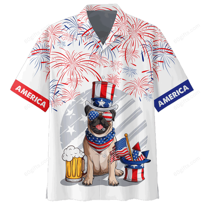 Happy Independence Day USA - 3d Funny Pug And Beer Hawaiian Shirts, Hoodie, Zip Hoodie, Hoodie Dress, Sweatshirt All Over Print