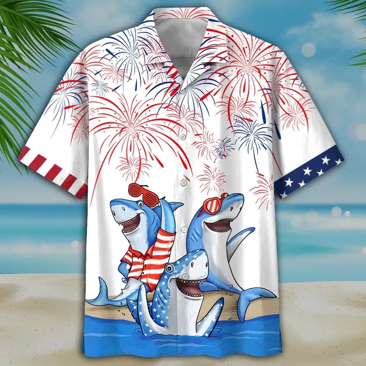 Happy Independence Day USA - 3d Funny Shark Hawaiian Shirts, Hoodie, Zip Hoodie, Hoodie Dress, Sweatshirt All Over Print