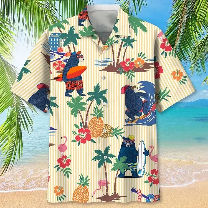 Happy Birthday 2022 - 3d Bear Surfing Tropical Hawaiian Shirt, Hoodie, Zip Hoodie, Hoodie Dress, Sweatshirt All Over Print