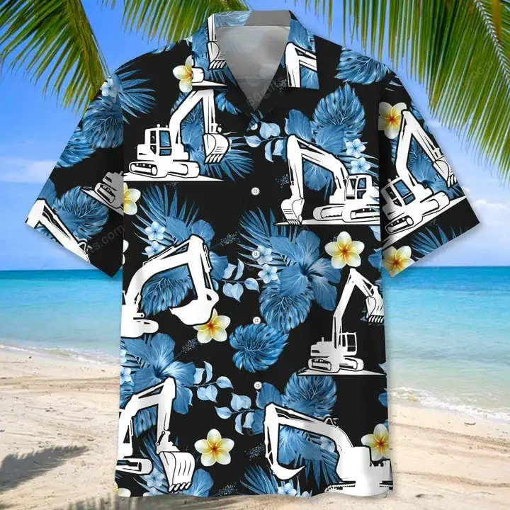 Happy Birthday 2022 - 3d Excavator Blue Tropical Hawaiian Shirt, Hoodie, Zip Hoodie, Hoodie Dress, Sweatshirt All Over Print