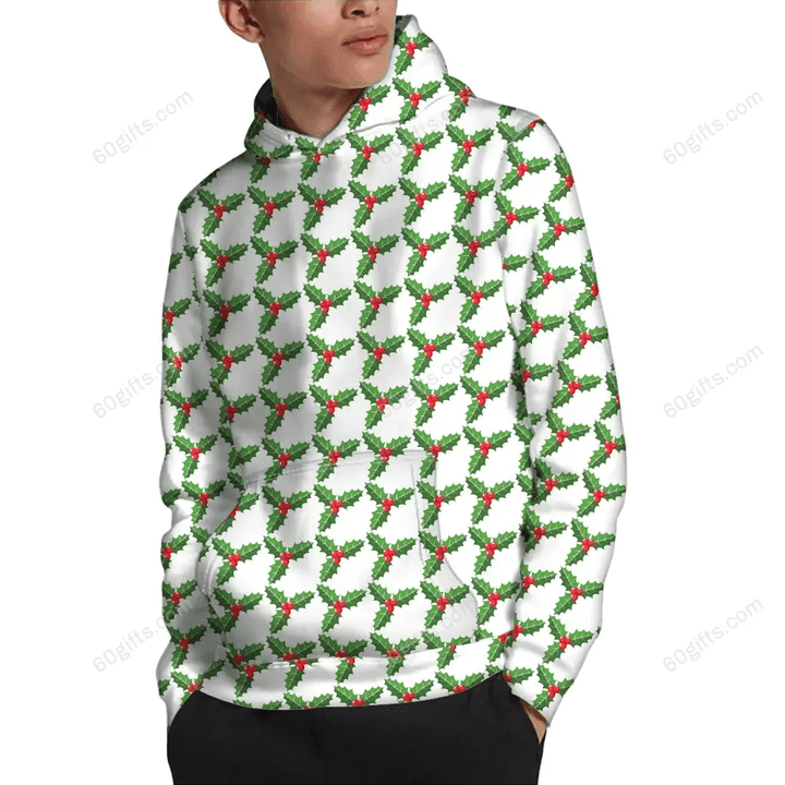 Christmas Gift, Labour Day Gift Ideas 3d Hoodie, Zip Hoodie, Hoodie Dress, Sweatshirt Christmas Holly Berry Pattern All Over Print