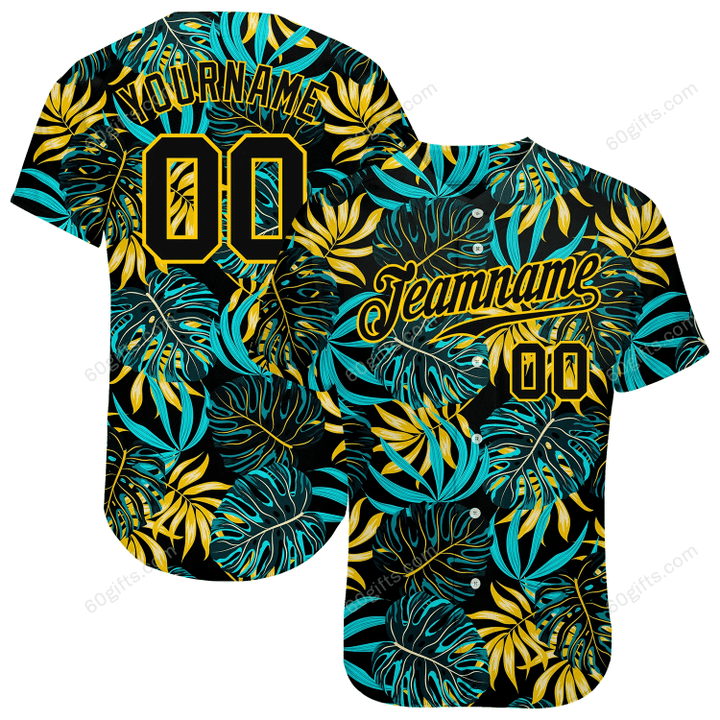 Customized Merry Christmas, Happy New Year Gift Ideas Baseball Jersey Black Black-Gold Tropical Plants Authentic Personalized Baseball Shirt