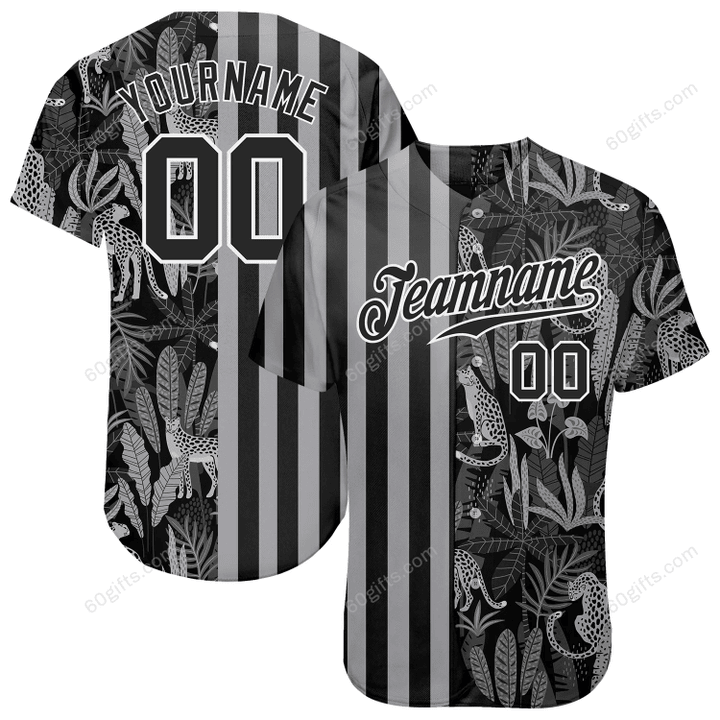 Customized Merry Christmas, Happy New Year Gift Ideas Baseball Jersey Black Black-Gray Leopards And Tropical Leaves Personalized Baseball Shirt