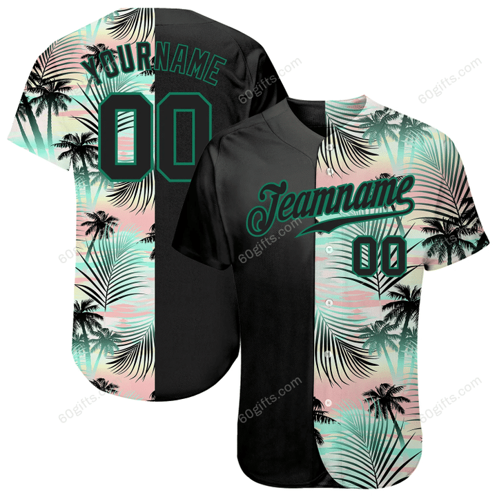 Customized Merry Christmas, Happy New Year Gift Ideas Baseball Jersey Black Black-Kelly Green Tropical Palm Leaves Personalized Baseball Shirt
