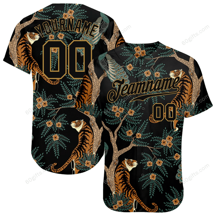 Customized Merry Christmas, Happy New Year Gift Ideas Baseball Jersey Black Black-Old Gold Tiger And Peacock Authentic Personalized Baseball Shirt