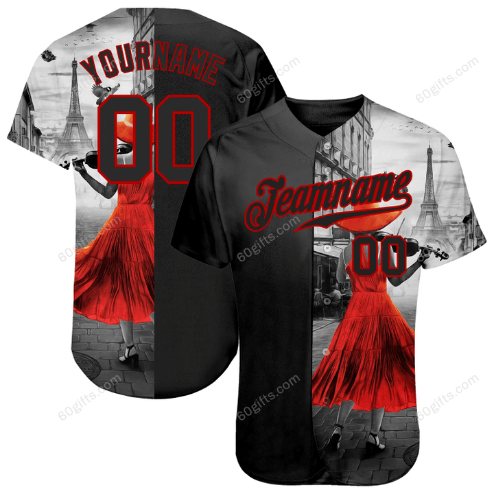 Customized Merry Christmas, Happy New Year Gift Ideas Baseball Jersey Black Black-Red A Girl With The Eiffel Tower Authentic Personalized Baseball Shirt